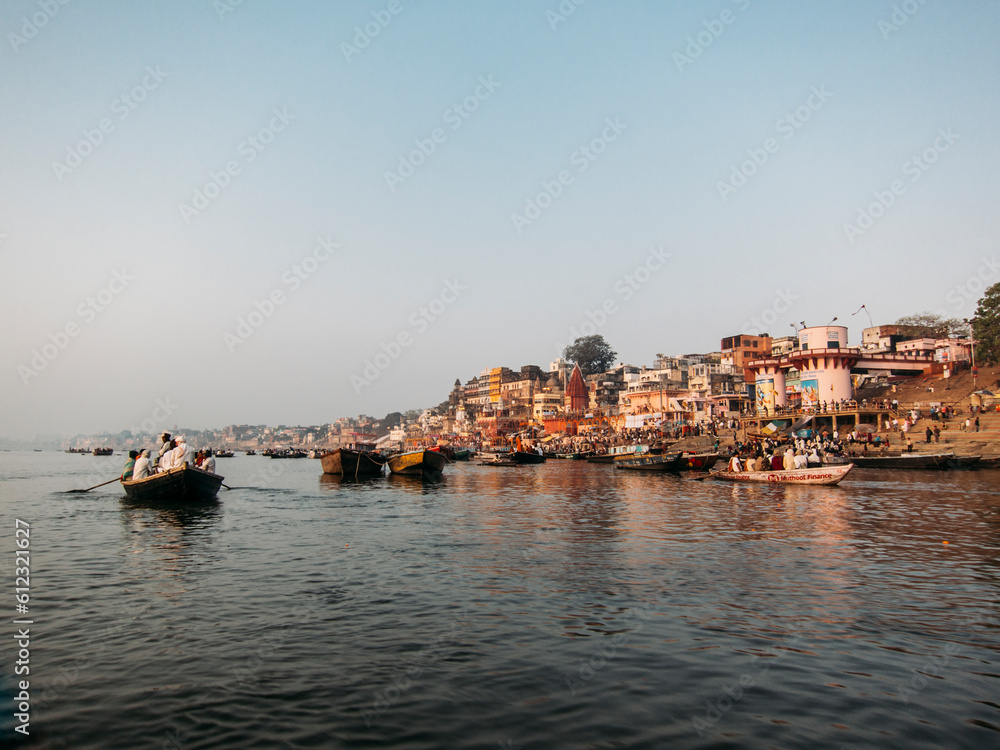 Fototapeta premium Boats on river, Varanasi, India