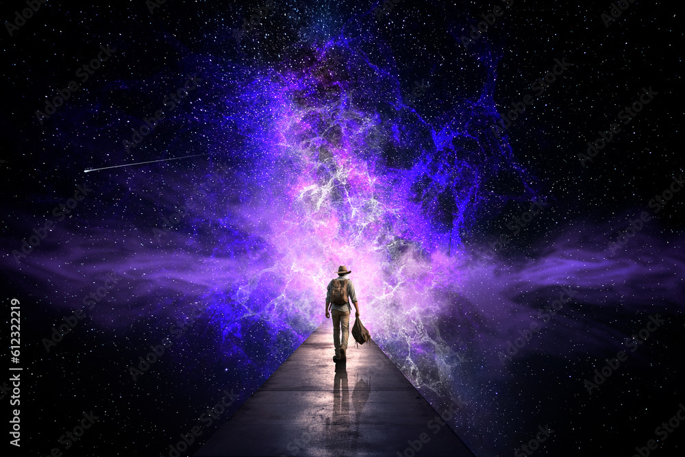 Man in front of the universe. AI generative