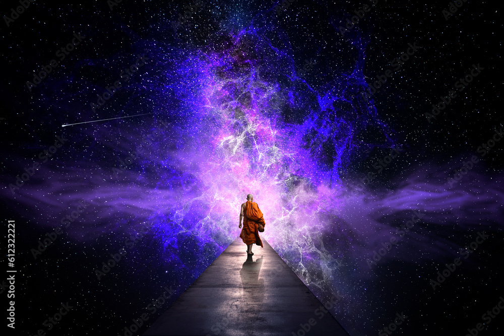 Buddhist monk looking at the universe. AI generative Buddhist monk looking at the universe. AI generative