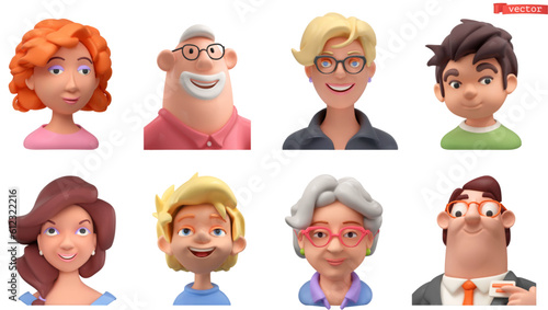Cartoon character face, 3d avatar vector icon set