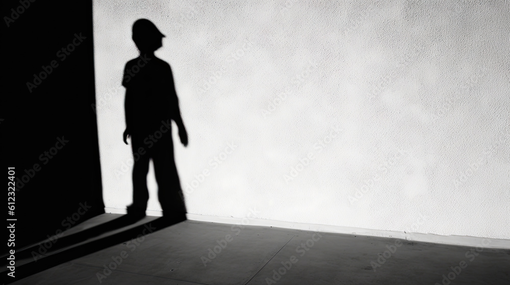 Silhouette of a boy shadow in front of a wall. Generative AI. Silhouette of a boy shadow in front of a wall. Generative AI.