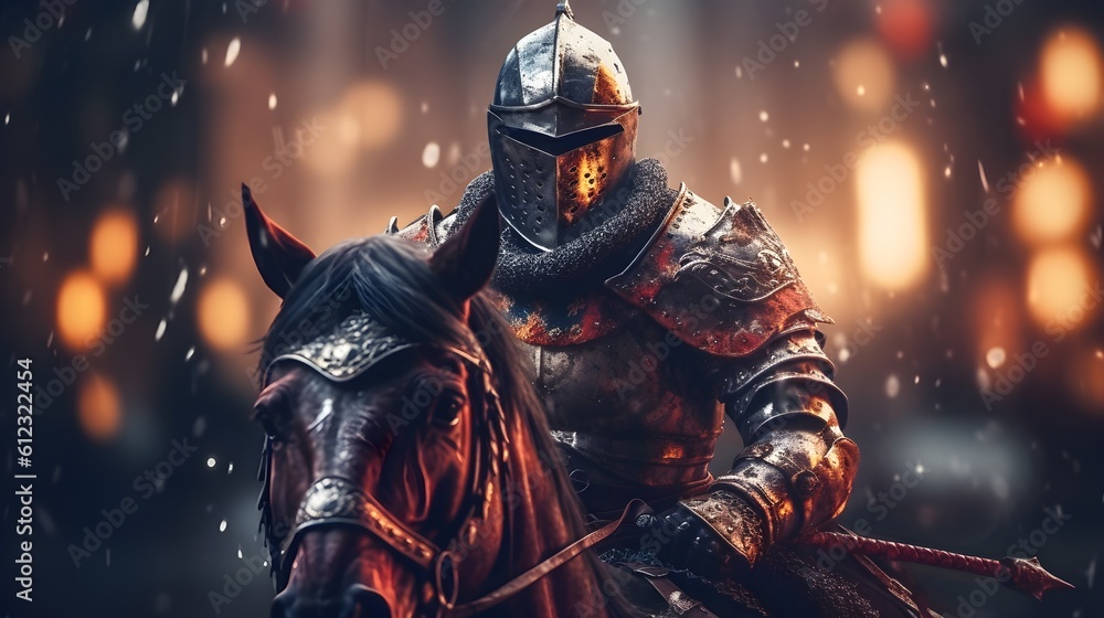 Fototapeta premium Medieval Knight Riding a Horse on a Bokeh Background - Generative AI