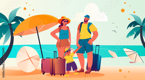 happy family with son and baggage standing together on tropical beach summer vacation holiday time to travel