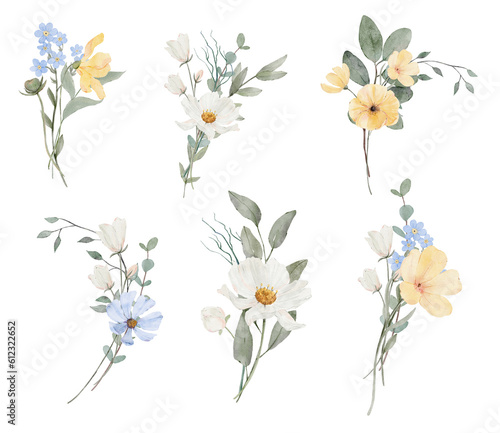 Set of watercolor flower bouquets. Yellow, pink, white wildflowers.Illustration for greeting cards, invitations and other.