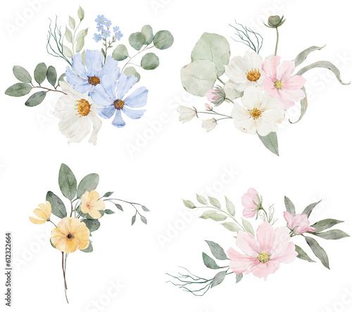 Set of watercolor flower bouquets. Yellow  pink  white wildflowers.Illustration for greeting cards  invitations and other.