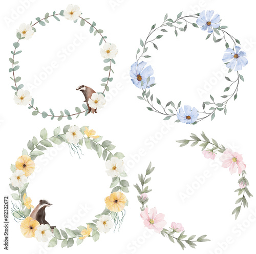 Set of watercolor wreaths with badger. Blue, yellow, white, pink flowers.