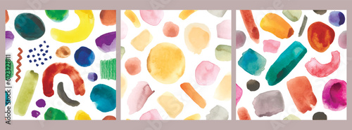 Vector set of abstract paint brush, artistic colorful seamless patterns. Hand drawn geometric shapes, circles, spots composition backgrounds