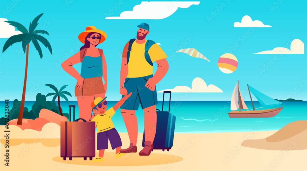 happy family with son and baggage standing together on tropical beach summer vacation holiday time to travel concept