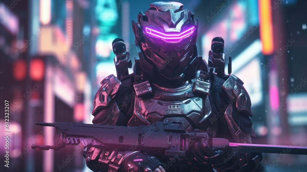 Cybernetically enhanced street samurai, wielding a high tech sword and sporting advanced armor, ready to take on any challenge in a cyberpunk world Cybernetically enhanced street samurai, wielding a high tech sword and sporting advanced armor, ready to take on any challenge in a cyberpunk world