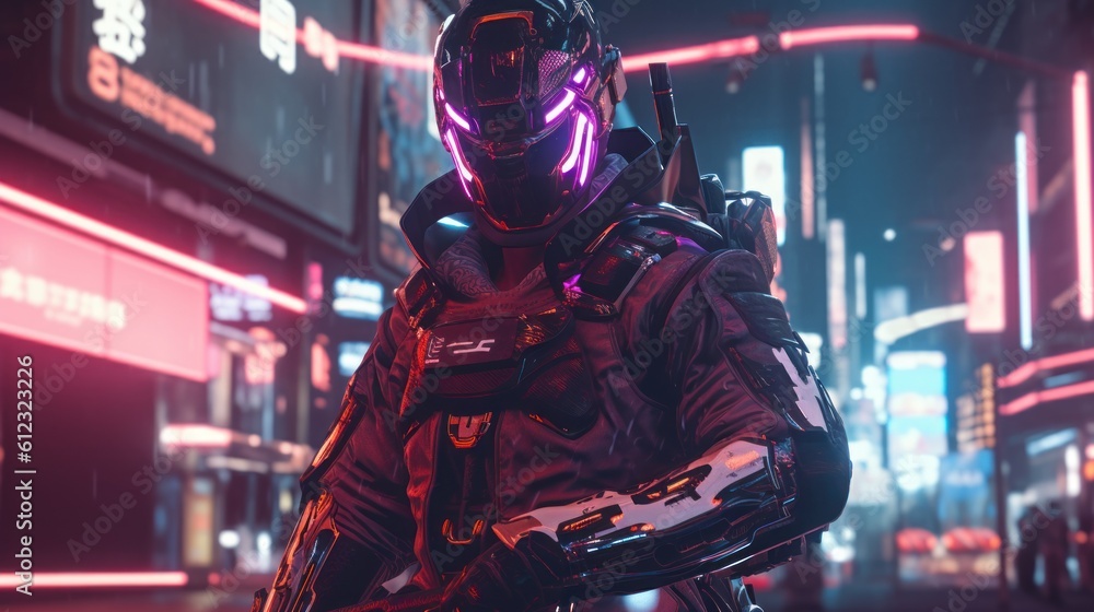Cybernetically enhanced street samurai, wielding a high tech sword and sporting advanced armor, ready to take on any challenge in a cyberpunk world