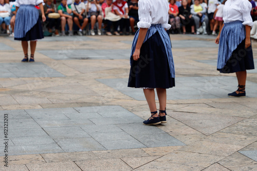 Basque folk dancers in a street festival in the old town of Bilbao, capital of Biscay, Basque province of Spain