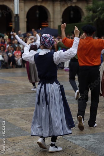 Basque folk dancers in a street festival in the old town of Bilbao, capital of Biscay, Basque province of Spain
