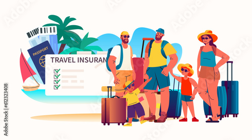 tourists with passport tickets and baggage reading travel insurance security paper transportation summer vacation holiday