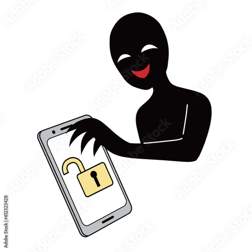 セキュリティが解除されたスマホとハッカーイメージのイラスト素材