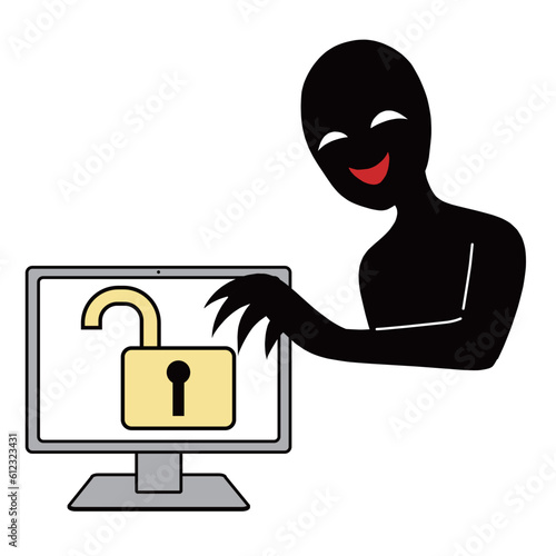 セキュリティが解除されたパソコンとハッカーイメージのイラスト素材