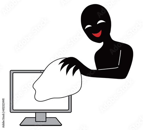 パソコンから何かを抜き取るハッカーイメージのイラスト素材