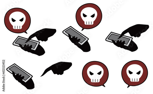 スマホを操作する黒い手とドクロの誹謗中傷などのイメージのイラスト素材セット