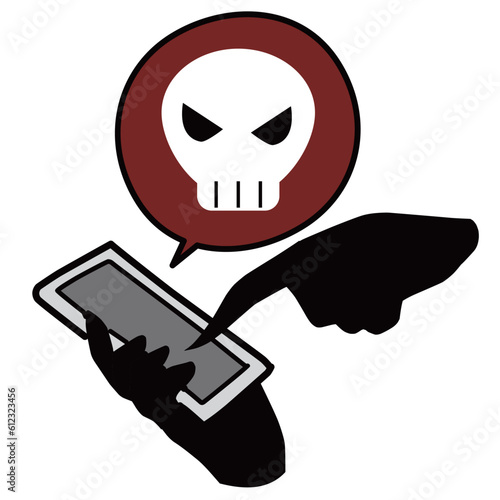 スマホを操作する黒い手とドクロの誹謗中傷などのイメージのイラスト素材