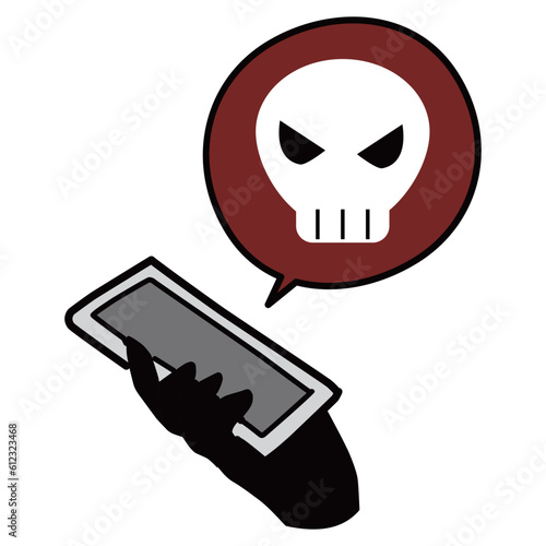 スマホを持つ黒い手とドクロの誹謗中傷などのイメージのイラスト素材