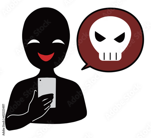 スマホを持つ黒色の人物とドクロマークの誹謗中傷などのイメージのイラスト素材