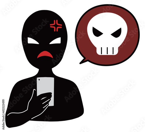 スマホを持つ黒色の人物とドクロマークの誹謗中傷などのイメージのイラスト素材