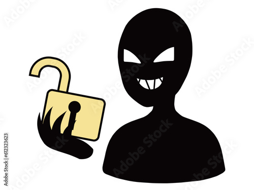 ロックが解除された鍵を手に持つ黒色の悪人イメージのイラスト素材