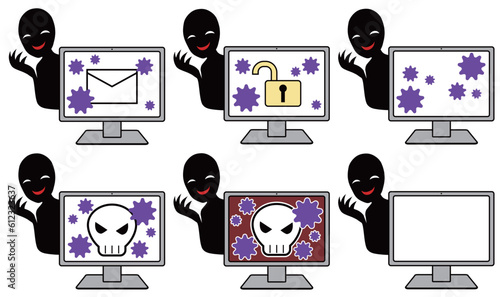 パソコンがウイルスに感染したりハッキングされるイメージのイラスト素材セット