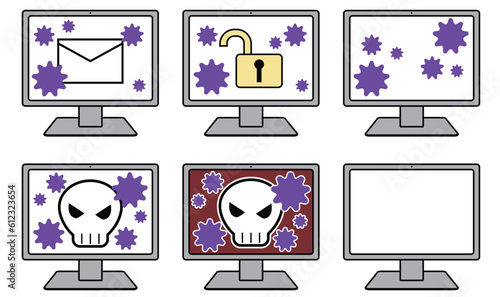 パソコンがウイルスに感染したりハッキングされるイメージのイラスト素材セット