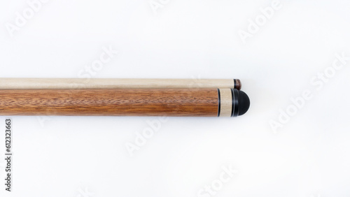 Billiard cues on a white background. Parts of a billiard cue close-up. Live photos of a billiard cue. The Art of Billiards in Motion.