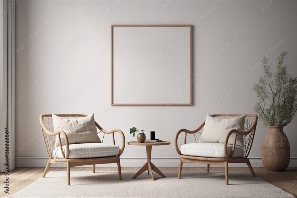Blank picture frame mockup on gray wall. White living room design. generative AI Blank picture frame mockup on gray wall. White living room design. generative AI