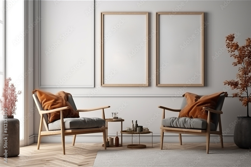 Blank picture frame mockup on gray wall. White living room design. generative AI Blank picture frame mockup on gray wall. White living room design. generative AI