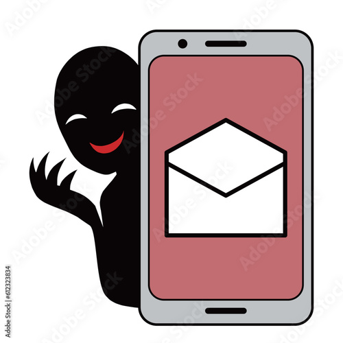 スマホに開封されたメールアイコンと悪人イメージの人物のフィッシング詐欺イメージのイラスト素材