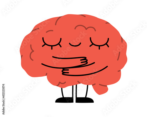 Hand drawn cute illustration of human brain hugs himself. Flat vector organ, intellect symbol character in colored doodle style. Mental health, self care and love sticker, icon or print. Isolated.