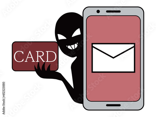 フィッシングメールとカードを手にする悪人イメージのイラスト素材