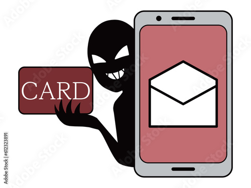 フィッシングメールとカードを手にする悪人イメージのイラスト素材