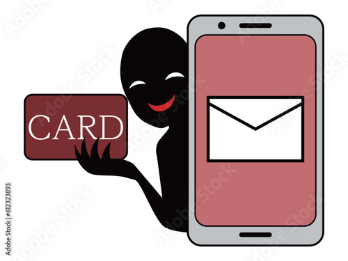 フィッシングメールとカードを手にする悪人イメージのイラスト素材