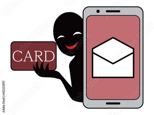 フィッシングメールとカードを手にする悪人イメージのイラスト素材