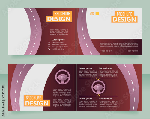 Driver license education bifold brochure template design. Half fold booklet mockup set with copy space for text. Editable 2 paper page leaflets. Roboto Light, Bebas Neue, Ebrima Bold fonts used