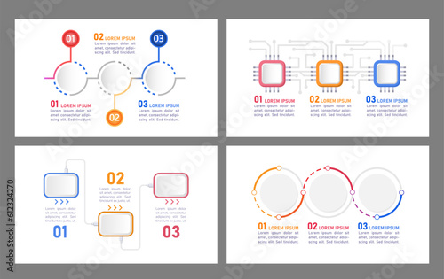 Technology and industry geometric infographic chart design template set. Abstract infochart kit with copy space. Instructional graphics with 3 step sequence. Visual data presentation