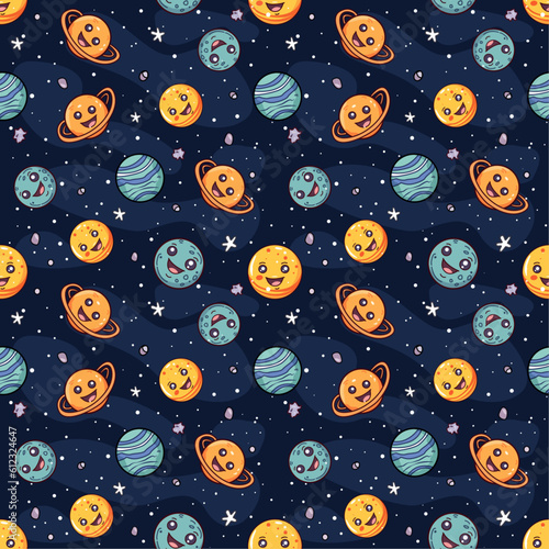 Seamless vector pattern with cartoon planets of the solar system. Vector illustration. Suitable for wallpaper, print, t-shirt, banner, pattern.