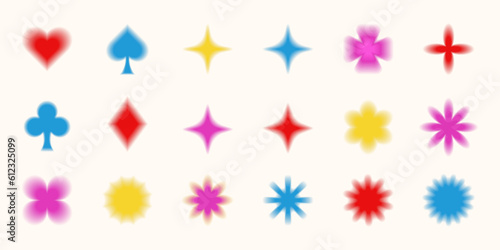 Trendy shape collection, blurred colorful objects and card symbols, flowers in Y2K aesthetics. Vector set of design graphic elements and decorations.