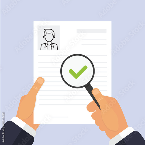 Background check of employee Verification of documents illustration of a magnifying glass in hand and checking resume and CV of employee and a documentary of person. Verifying documents and background
