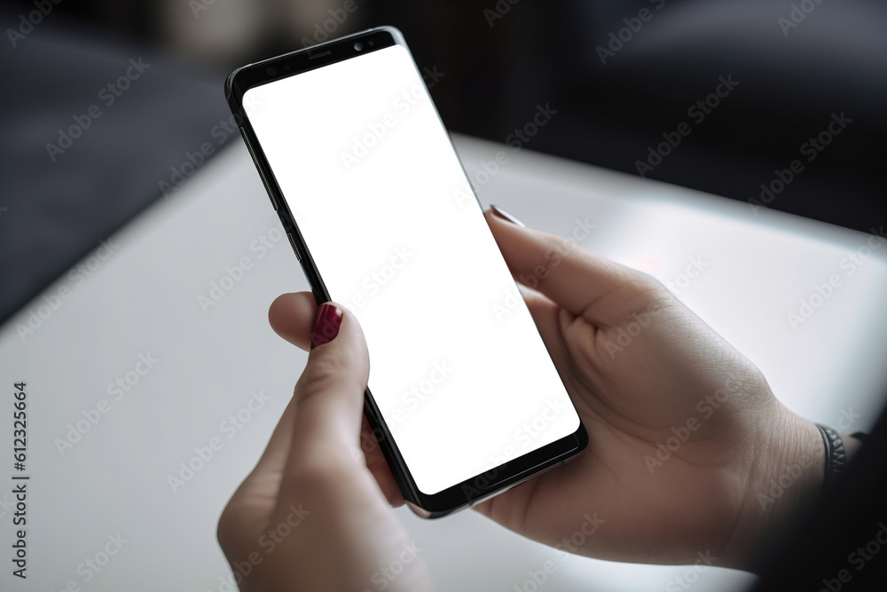 Woman holding smartphone with blank white screen. Smartphone mock up. Empty, copy space for app, game, website presentation. Empty mobile phone screen ready for your design. Generative AI.