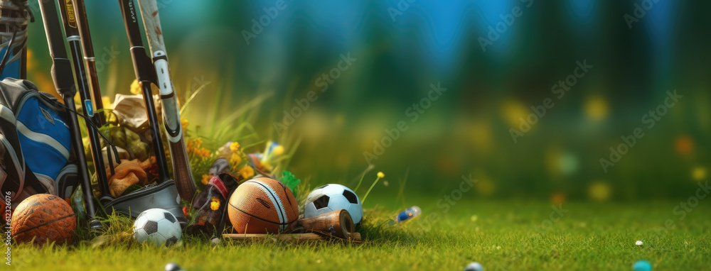 Sports gadgets and equipment on green grass Sports gadgets and equipment on green grass