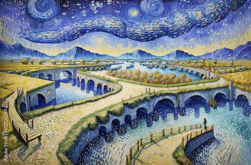 Starry night - Vincent van Gogh painting style, landscape in blue tones, masterpiece, Generative AI