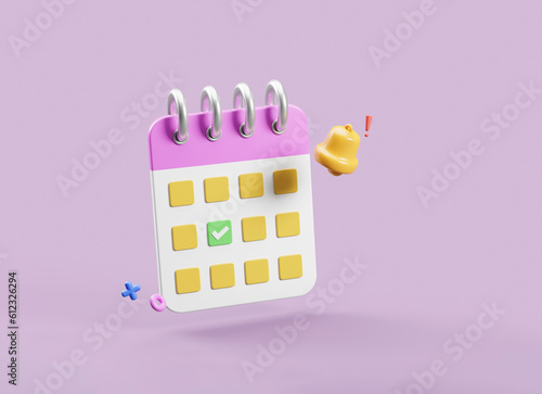 3d calendar   alarm bell reminder and notification concept 3d rendering illustration