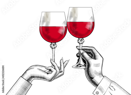Friends raising a toast with glasses of wine at family dinner. Hands of friends cheering with glasses of wine. Friends cheering with wine glasses. Vector illustration.