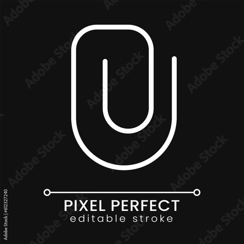 File upload button pixel perfect white linear icon for dark theme. Paper clip symbol. Website for business. Thin line illustration. Isolated symbol for night mode. Editable stroke. Poppins font used