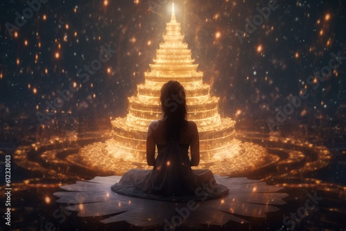 Serene meditation under a celestial canopy, in fractal embrace, Generative AI