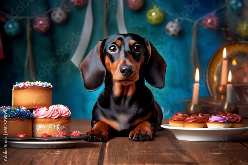 Birthday Celebration Dachshund Wiener Dog with Cake, Generative Ai © rzrstudio